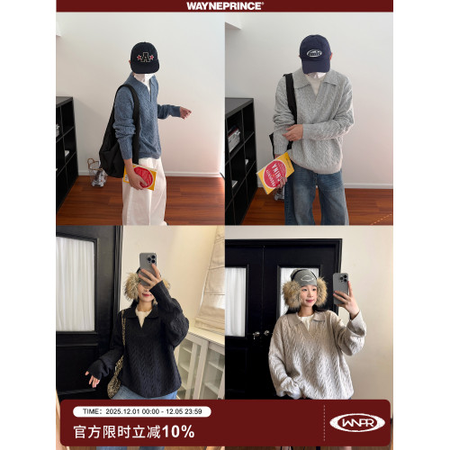 19studio WAYNEPRINCE美式復古襯衫領針織衫情侶百搭寬松休閒毛衣 19studio WAYNEPRINCE美式復古襯衫領針織衫情侶百搭寬松休閒毛衣