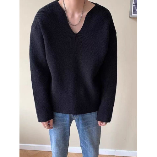 法式大v領針織衫高級感寬鬆長袖衛衣男模穿搭藝術生缺口領毛線衣