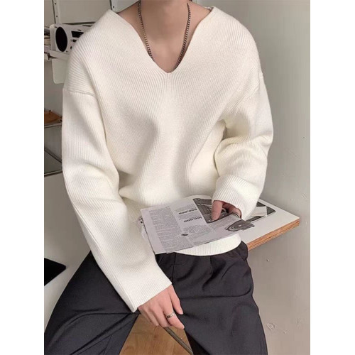 法式大v領針織衫高級感寬鬆長袖衛衣男模穿搭藝術生缺口領毛線衣