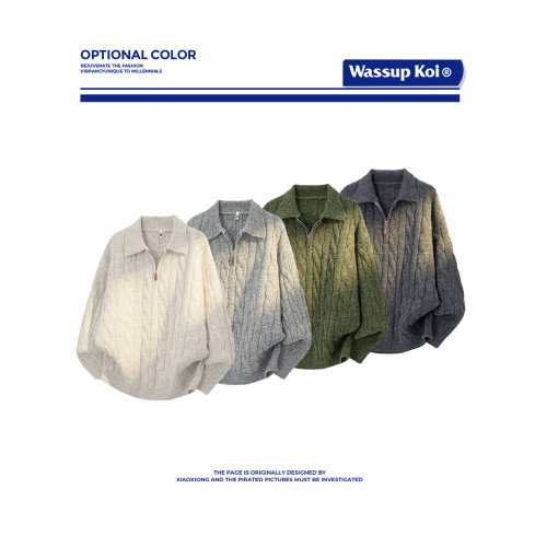 WASSUP KOI復古麻花半拉鍊POLO領針織衫男女慵懶寬松加厚保暖毛衣 WASSUP KOI復古麻花半拉鍊POLO領針織衫男女慵懶寬松加厚保暖毛衣