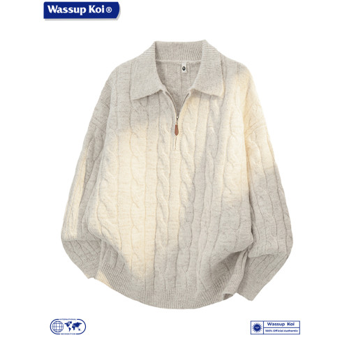 WASSUP KOI復古麻花半拉鍊POLO領針織衫男女慵懶寬松加厚保暖毛衣 WASSUP KOI復古麻花半拉鍊POLO領針織衫男女慵懶寬松加厚保暖毛衣