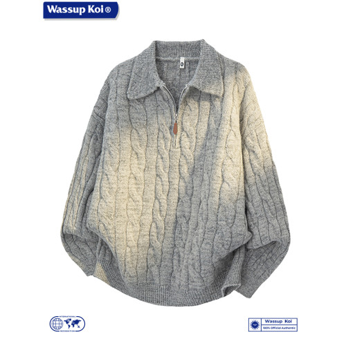 WASSUP KOI復古麻花半拉鍊POLO領針織衫男女慵懶寬松加厚保暖毛衣 WASSUP KOI復古麻花半拉鍊POLO領針織衫男女慵懶寬松加厚保暖毛衣