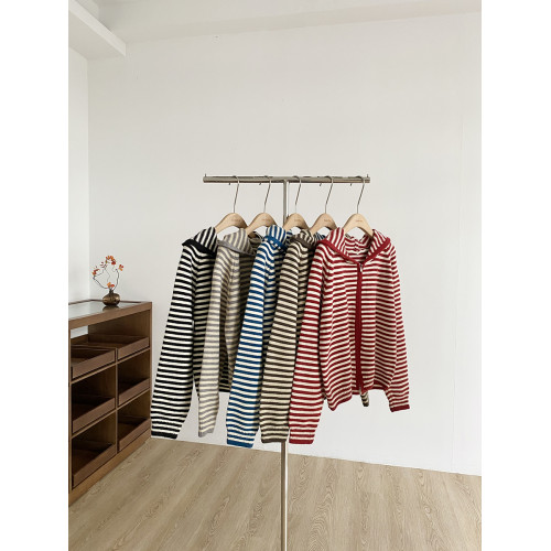 2025年秋季新款韓系慵嬾風休閒條紋連帽毛衣女寬鬆顯瘦小衆上衣