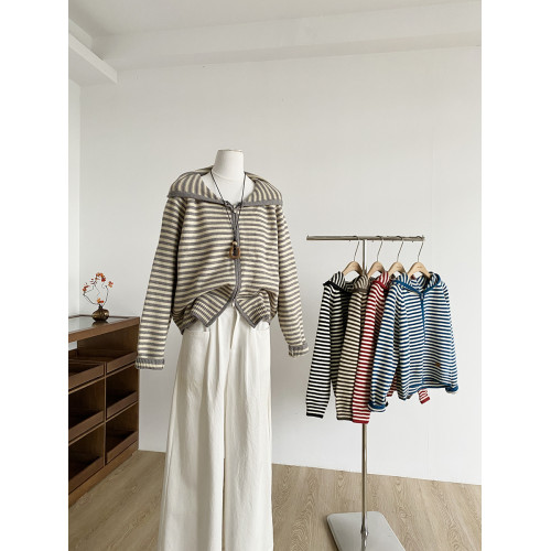 2025年秋季新款韓系慵嬾風休閒條紋連帽毛衣女寬鬆顯瘦小衆上衣