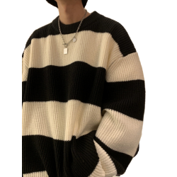 條紋圓領毛衣男寬松慵懶風美式潮流新款潮牌秋冬季加厚男裝針織衫