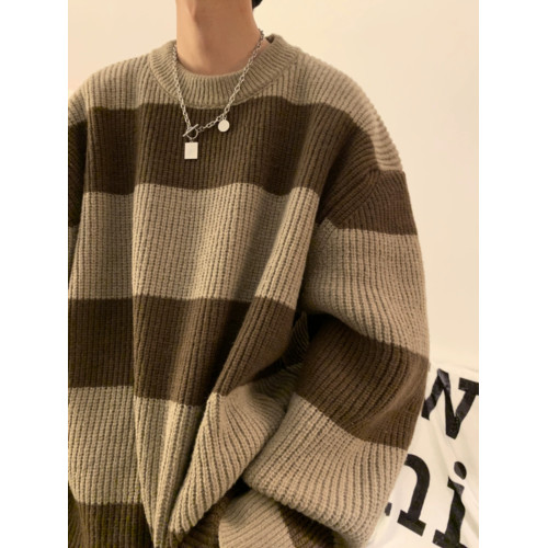 條紋圓領毛衣男寬松慵懶風美式潮流新款潮牌秋冬季加厚男裝針織衫 條紋圓領毛衣男寬松慵懶風美式潮流新款潮牌秋冬季加厚男裝針織衫