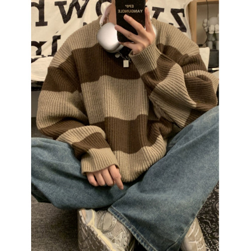 條紋圓領毛衣男寬松慵懶風美式潮流新款潮牌秋冬季加厚男裝針織衫 條紋圓領毛衣男寬松慵懶風美式潮流新款潮牌秋冬季加厚男裝針織衫