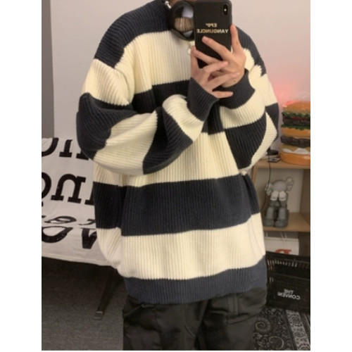 條紋圓領毛衣男寬松慵懶風美式潮流新款潮牌秋冬季加厚男裝針織衫 條紋圓領毛衣男寬松慵懶風美式潮流新款潮牌秋冬季加厚男裝針織衫