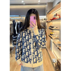 2025新款輕奢滿印提花立領拉鍊毛衣外套男女秋冬寬松情侶針織開衫