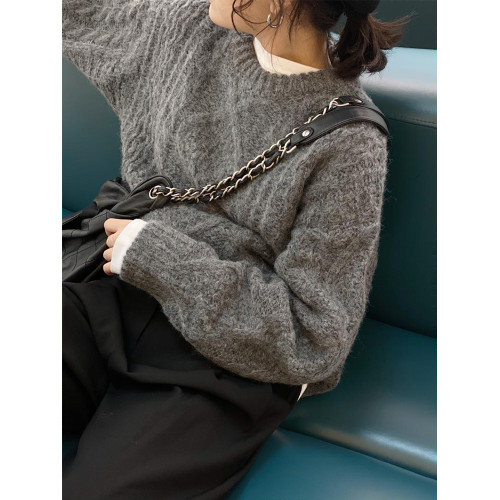 慵嬾高級感灰色麻花套頭毛衣女秋冬外穿小個子針織衫內搭韓系上衣