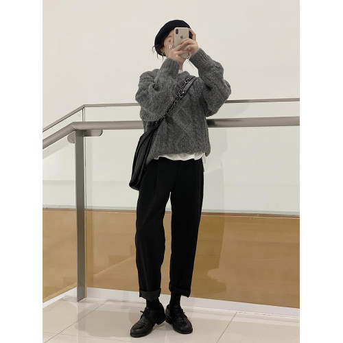 慵嬾高級感灰色麻花套頭毛衣女秋冬外穿小個子針織衫內搭韓系上衣