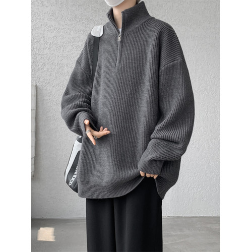 半拉鍊高領純色毛衣男冬季內搭寬松套頭針織外套大碼休閒慵懶男式