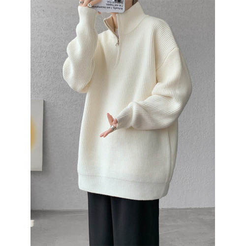 半拉鍊高領純色毛衣男冬季內搭寬松套頭針織外套大碼休閒慵懶男式