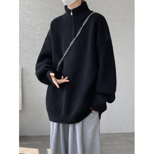 半拉鍊高領純色毛衣男冬季內搭寬松套頭針織外套大碼休閒慵懶男式