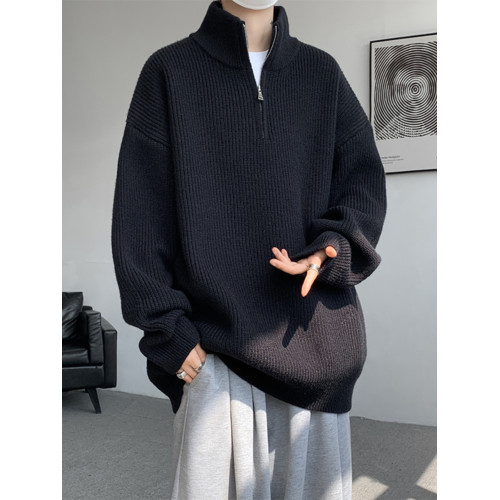 半拉鍊高領純色毛衣男冬季內搭寬松套頭針織外套大碼休閒慵懶男式