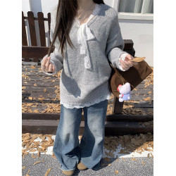 PPHOME灰色蝴蝶結系帶蕾絲毛衣女秋季溫柔軟糯寬松針織衫韓系上衣