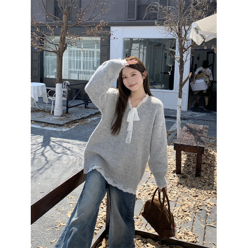 PPHOME灰色蝴蝶結系帶蕾絲毛衣女秋季溫柔軟糯寬松針織衫韓系上衣