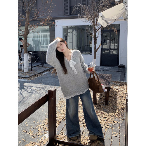 PPHOME灰色蝴蝶結系帶蕾絲毛衣女秋季溫柔軟糯寬松針織衫韓系上衣