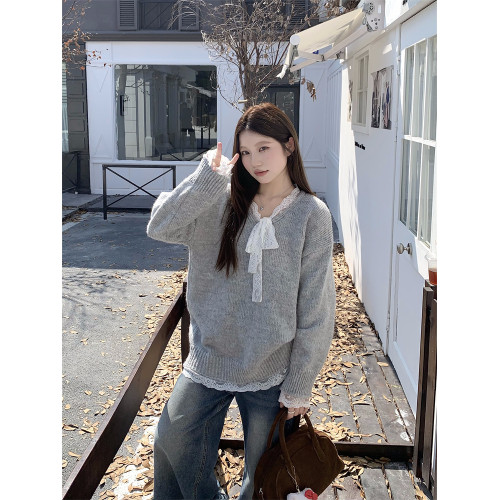 PPHOME灰色蝴蝶結系帶蕾絲毛衣女秋季溫柔軟糯寬松針織衫韓系上衣