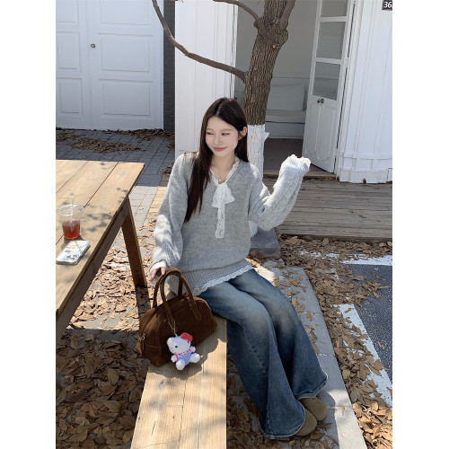 PPHOME灰色蝴蝶結系帶蕾絲毛衣女秋季溫柔軟糯寬松針織衫韓系上衣