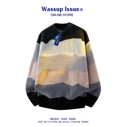 WASSUP ISSUE多巴胺時尚圓領針織衫毛衣男款秋冬季痞帥寬松上衣男