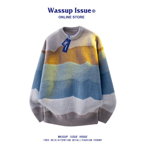WASSUP ISSUE多巴胺時尚圓領針織衫毛衣男款秋冬季痞帥寬松上衣男