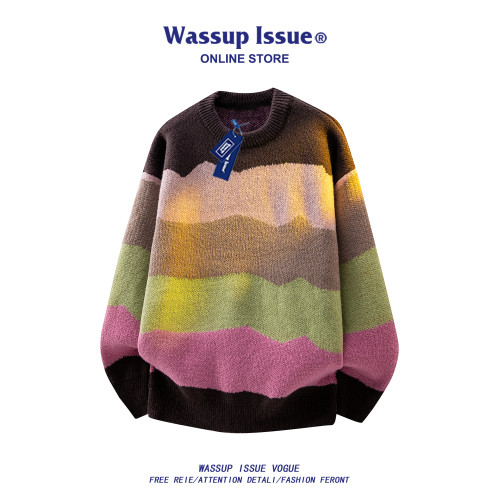 WASSUP ISSUE多巴胺時尚圓領針織衫毛衣男款秋冬季痞帥寬松上衣男