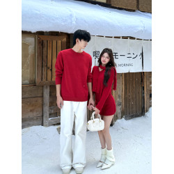 情侶裝秋冬高級感紅色毛衣新年訂婚針織衫包臀短裙兩件套一衣一裙