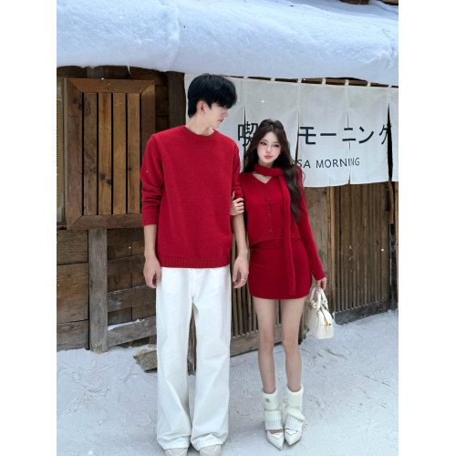 情侶裝秋冬高級感紅色毛衣新年訂婚針織衫包臀短裙兩件套一衣一裙