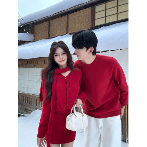 情侶裝秋冬高級感紅色毛衣新年訂婚針織衫包臀短裙兩件套一衣一裙