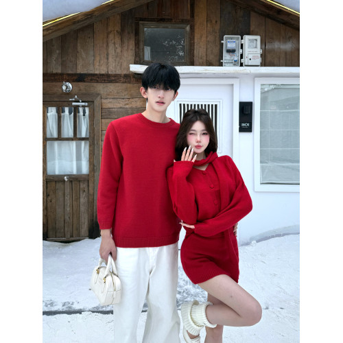 情侶裝秋冬高級感紅色毛衣新年訂婚針織衫包臀短裙兩件套一衣一裙