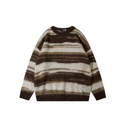 悟空有貨美式復古馬海毛條紋圓領毛衣男女潮牌秋冬慵懶情侶針織衫