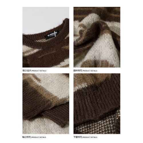 悟空有貨美式復古馬海毛條紋圓領毛衣男女潮牌秋冬慵懶情侶針織衫 悟空有貨美式復古馬海毛條紋圓領毛衣男女潮牌秋冬慵懶情侶針織衫