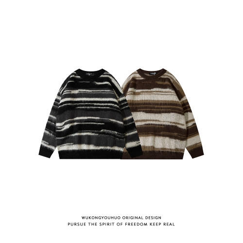 悟空有貨美式復古馬海毛條紋圓領毛衣男女潮牌秋冬慵懶情侶針織衫 悟空有貨美式復古馬海毛條紋圓領毛衣男女潮牌秋冬慵懶情侶針織衫