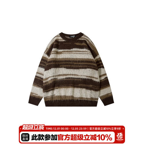 悟空有貨美式復古馬海毛條紋圓領毛衣男女潮牌秋冬慵懶情侶針織衫 悟空有貨美式復古馬海毛條紋圓領毛衣男女潮牌秋冬慵懶情侶針織衫