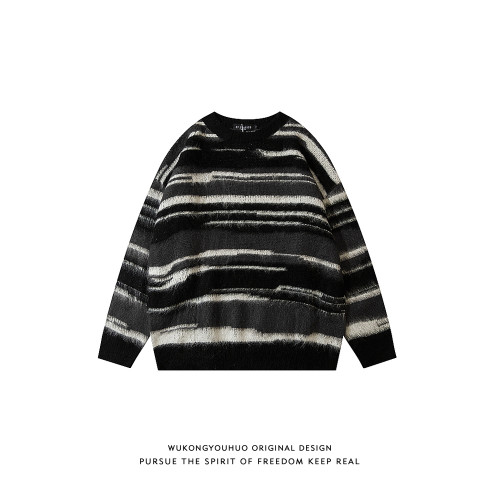 悟空有貨美式復古馬海毛條紋圓領毛衣男女潮牌秋冬慵懶情侶針織衫 悟空有貨美式復古馬海毛條紋圓領毛衣男女潮牌秋冬慵懶情侶針織衫