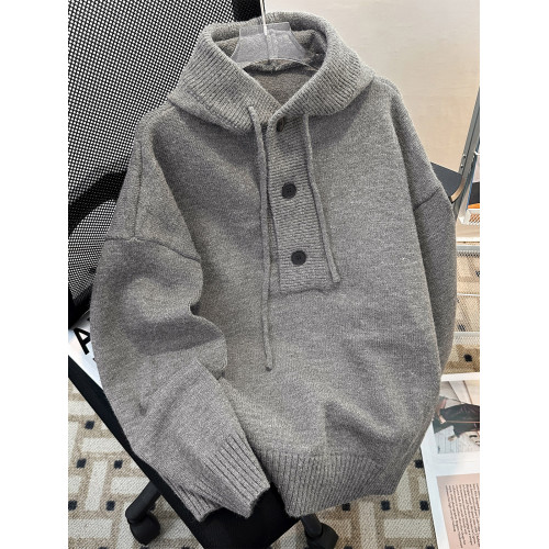 高街純色連帽針織衫男款冬季美式cleanfit保暖高級感紐釦帽衫毛衣