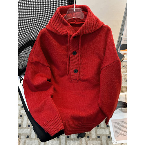 高街純色連帽針織衫男款冬季美式cleanfit保暖高級感紐釦帽衫毛衣