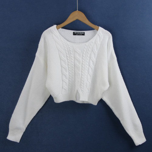 1702麻花毛衣 秋冬棉質圓領時尚開叉短款黑白針織長袖毛線衣女裝