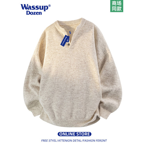 WASSUP DOZEN潮牌V領毛衣寬松亨利領針織衫男情侶秋冬保暖羊毛衫 WASSUP DOZEN潮牌V領毛衣寬松亨利領針織衫男情侶秋冬保暖羊毛衫