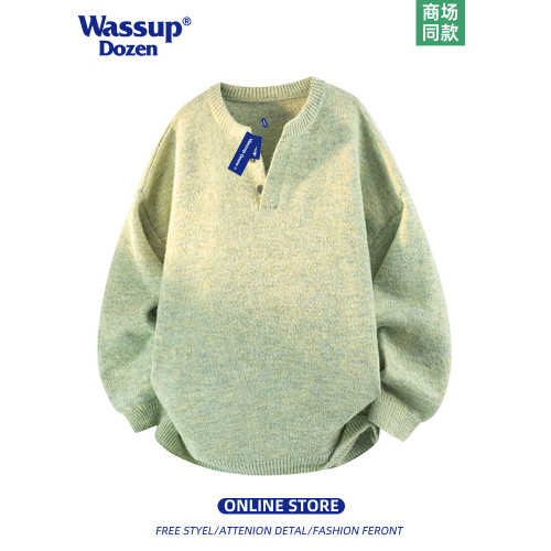 WASSUP DOZEN潮牌V領毛衣寬松亨利領針織衫男情侶秋冬保暖羊毛衫 WASSUP DOZEN潮牌V領毛衣寬松亨利領針織衫男情侶秋冬保暖羊毛衫