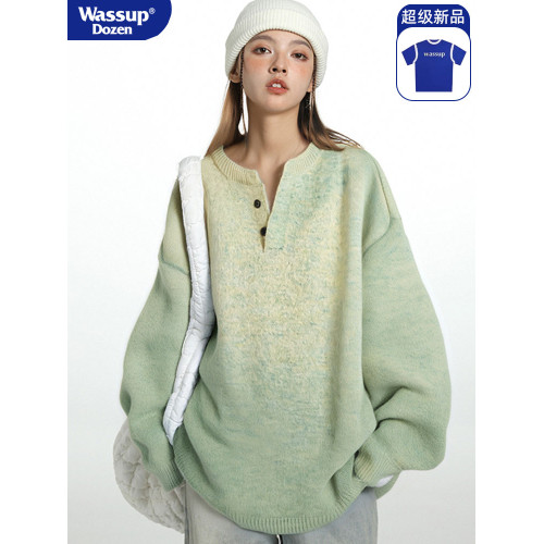 WASSUP DOZEN潮牌V領毛衣寬松亨利領針織衫男情侶秋冬保暖羊毛衫 WASSUP DOZEN潮牌V領毛衣寬松亨利領針織衫男情侶秋冬保暖羊毛衫