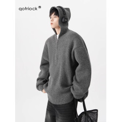 半拉鍊連帽毛衣男秋季潮牌寬鬆cleanfit針織衫慵嬾高級感情侶外套