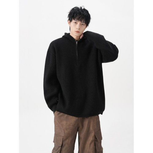 半拉鍊連帽毛衣男秋季潮牌寬鬆cleanfit針織衫慵嬾高級感情侶外套