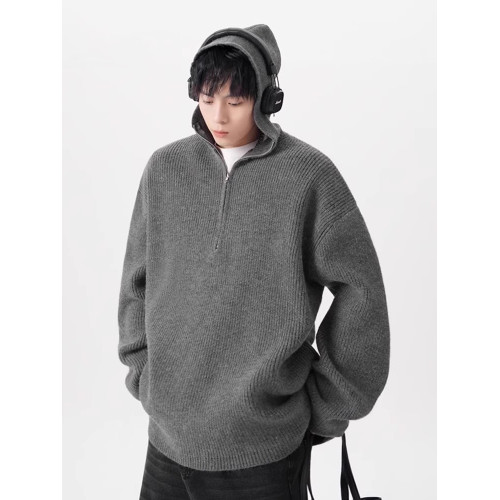 半拉鍊連帽毛衣男秋季潮牌寬鬆cleanfit針織衫慵嬾高級感情侶外套