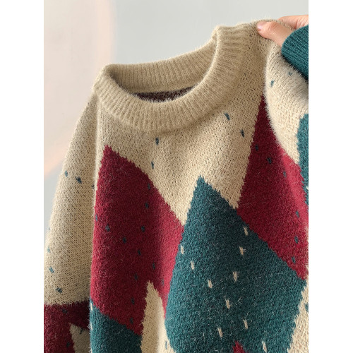 美式復古菱格聖誕毛衣男款冬季潮牌高級感慵懶針織衫寬松情侶上衣