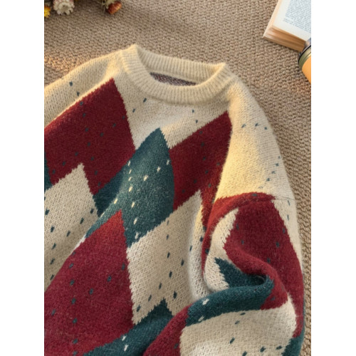 美式復古菱格聖誕毛衣男款冬季潮牌高級感慵懶針織衫寬松情侶上衣