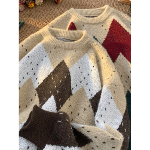 美式復古菱格聖誕毛衣男款冬季潮牌高級感慵懶針織衫寬松情侶上衣