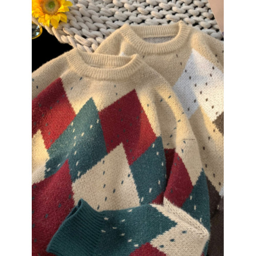 美式復古菱格聖誕毛衣男款冬季潮牌高級感慵懶針織衫寬松情侶上衣