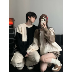 情侶裝拼接撞色毛衣男女日系復古秋冬季潮牌寬松休閒原宿風針織衫